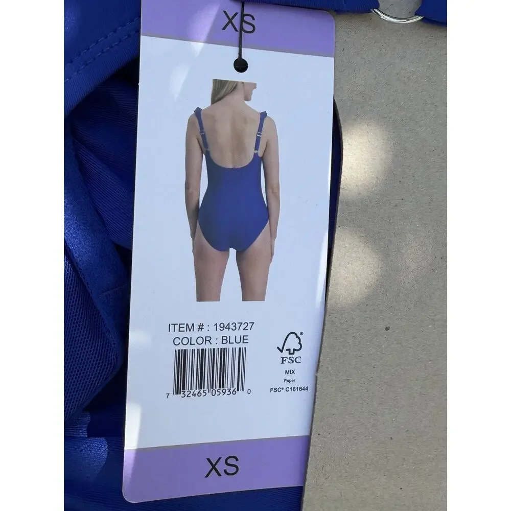 DKNY Blue One-Piece Swimsuit Ruffle Trim Adjustable Straps Size XS NWT - Picture 6 of 8